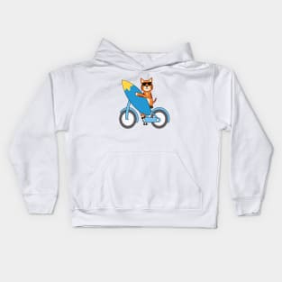 Surfer wild tiger cycling to the beach with surfboard Kids Hoodie